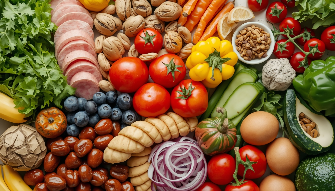 Diverse food groups arranged artistically